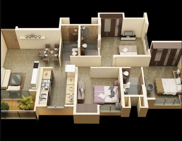 Floor plan of 3 BHK 855 Sq. Ft. Apartment in Gala Pride Palms, Thane