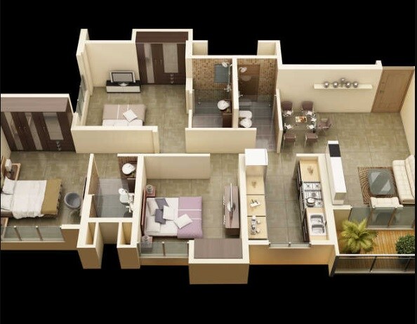 Floor plan of 3 BHK 875 Sq. Ft. Apartment in Gala Pride Palms, Thane