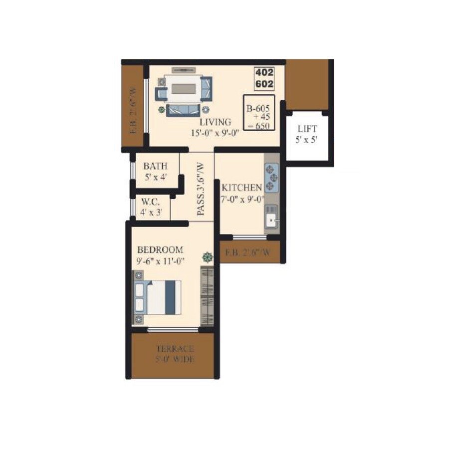 Floor plan of 1 BHK Apartment - 399 sq. ft. in Ganpati Residency, Thane
