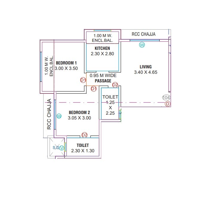 Floor plan of 2 BHK Apartment - 573 sq. ft. in Ganraaj Shreyas, Thane