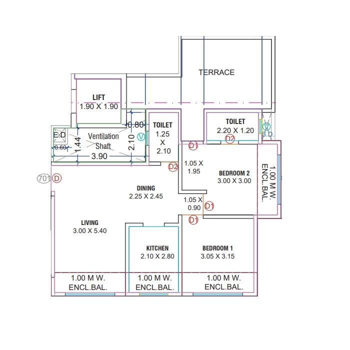 Floor plan of 2 BHK Apartment - 788 sq. ft. in Ganraaj Shreyas, Thane