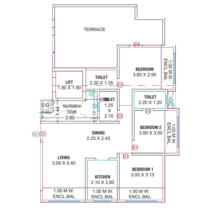 Floor plan of 3 BHK Apartment - 1077 sq. ft. in Ganraaj Shreyas, Thane