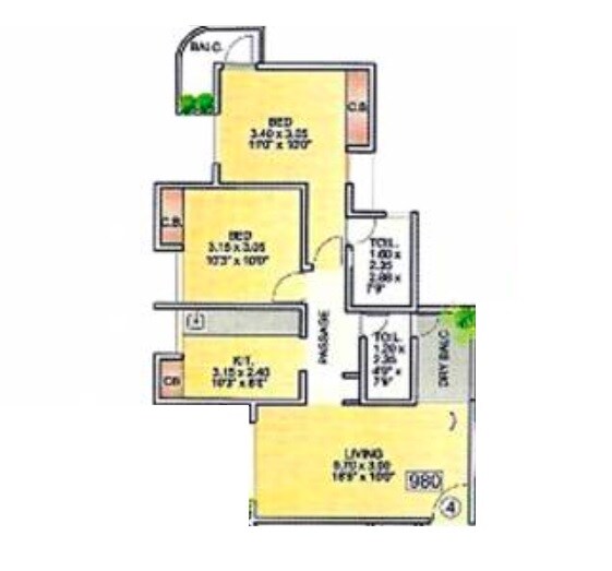 Floor plan of 2 BHK 665 Sq. Ft. Apartment in Gaurav Purushottam Nayan Apartment, Thane