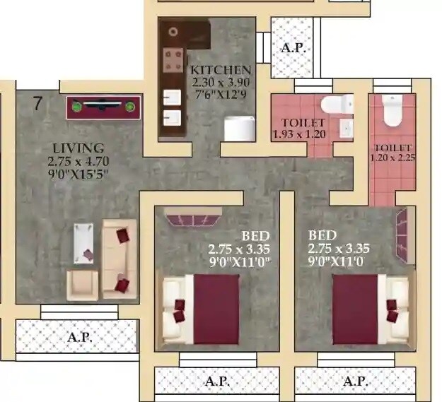 Floor plan of 2 BHK 640 Sq. Ft. Apartment in Gaurivinayak Shubham Monolith Apartment, Thane