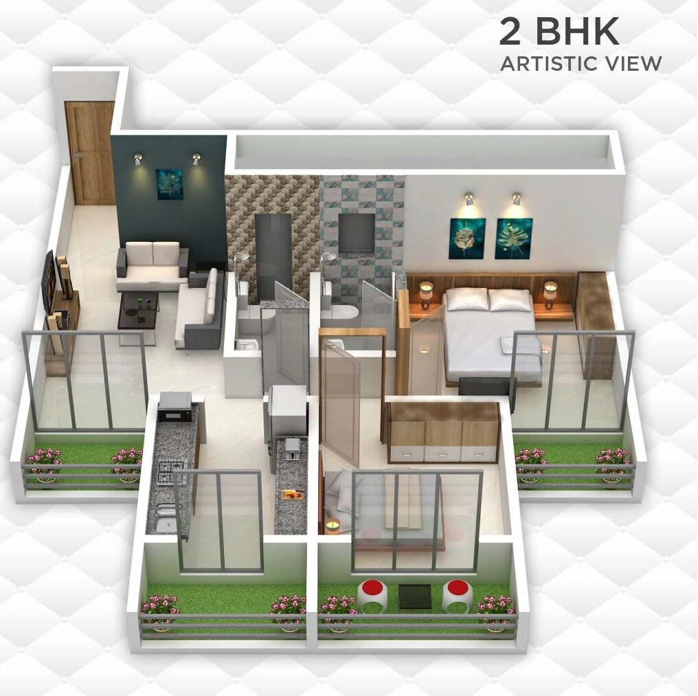 Floor plan of 2 BHK 734 Sq. Ft. Apartment in GBK Vishwajeet Empire, Thane