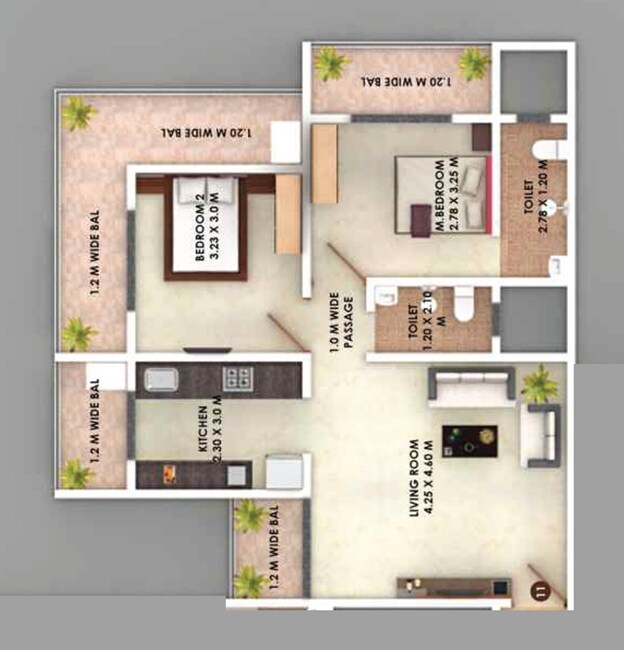 Floor plan of 2 BHK 692 Sq. Ft. Apartment in GBK Vishwajeet Empire, Thane