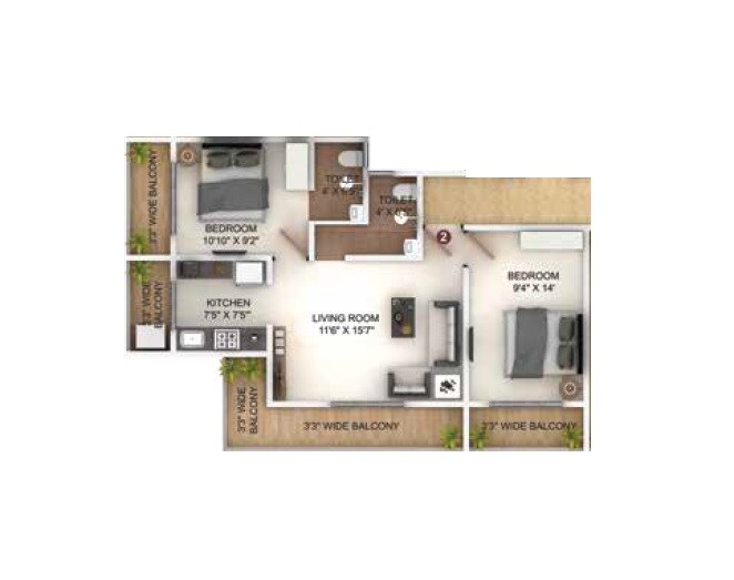 Floor plan of 2 BHK 701 Sq. Ft. Apartment in GBK Vishwajeet Heritage, Thane
