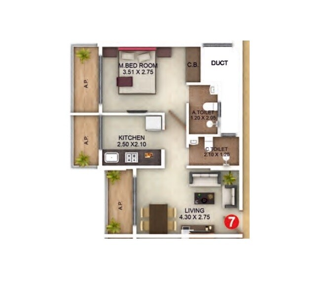 Floor plan of 1 BHK 362 Sq. Ft. Apartment in GBK Vishwajeet Precious Phase 1, Thane