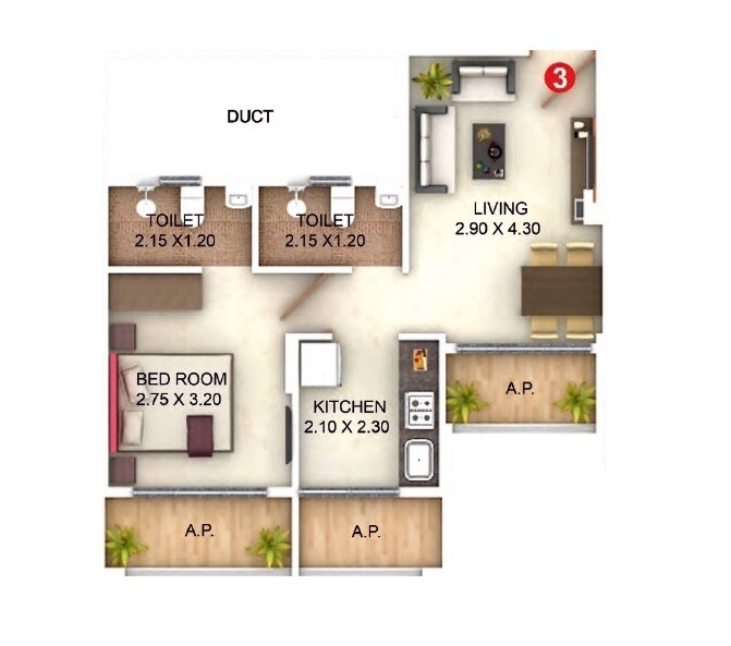 Floor plan of 1 BHK 419 Sq. Ft. Apartment in GBK Vishwajeet Precious Phase 1, Thane