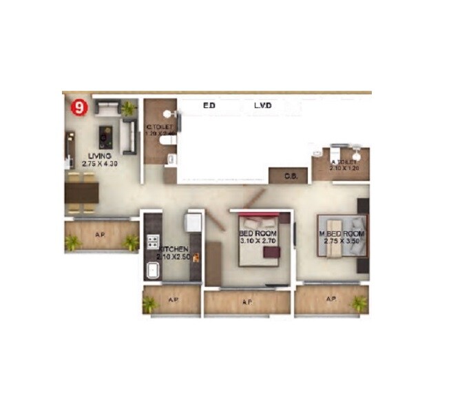 Floor plan of 2 BHK 663 Sq. Ft. Apartment in GBK Vishwajeet Precious Phase 1, Thane