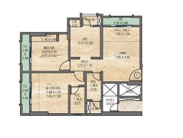 Floor plan of 2 BHK 490 Sq. Ft. Apartment in GE The Universe, Thane