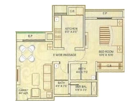 Floor plan of 1 BHK 387 Sq. Ft. Apartment in Giriraj MK Thakur Complex, Thane