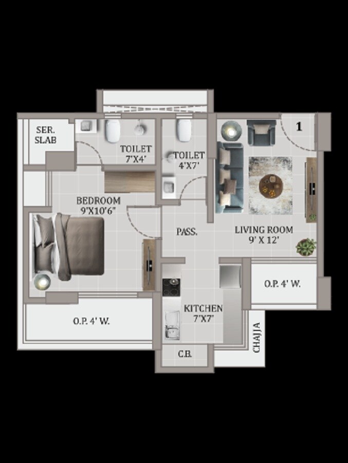 Floor plan of 1 BHK 435 Sq. Ft. Apartment in Happy Sarvoday Greens, Thane