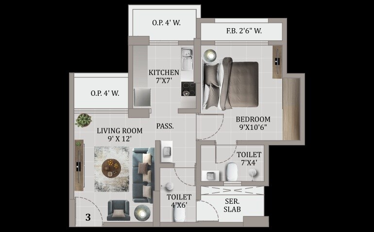 Floor plan of 1 BHK 480 Sq. Ft. Apartment in Happy Sarvoday Greens, Thane