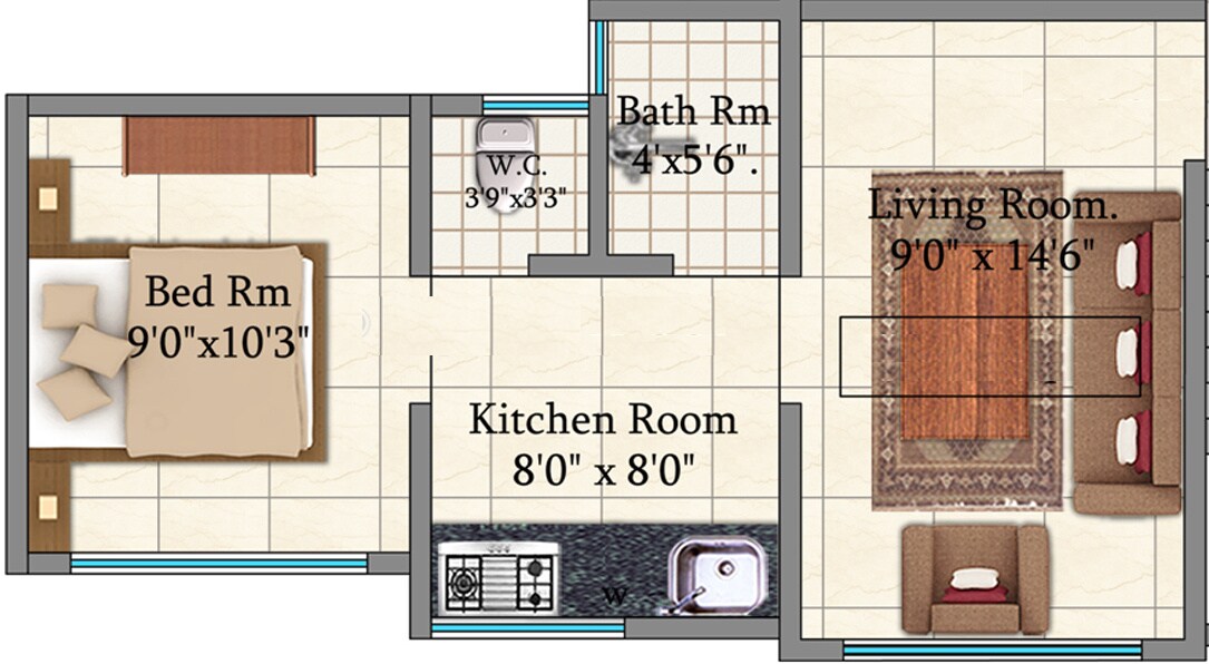 Floor plan of 1 BHK 665 Sq. Ft. Apartment in Gk Hill View Residency, Thane