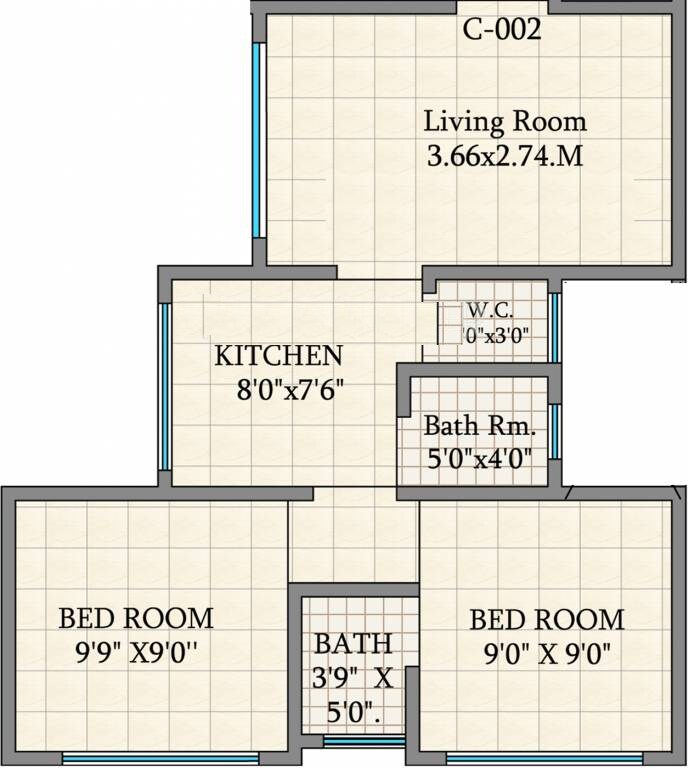 Floor plan of 2 BHK 890 Sq. Ft. Apartment in Gk Hill View Residency, Thane