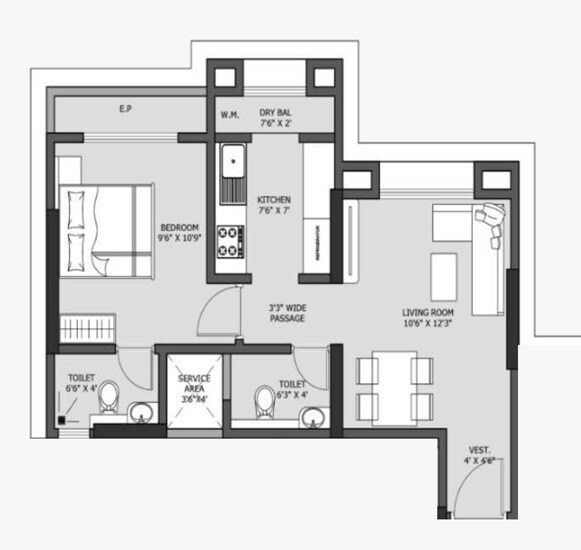 Floor plan of 1 BHK 321 Sq. Ft. Apartment in Global Paradise, Thane