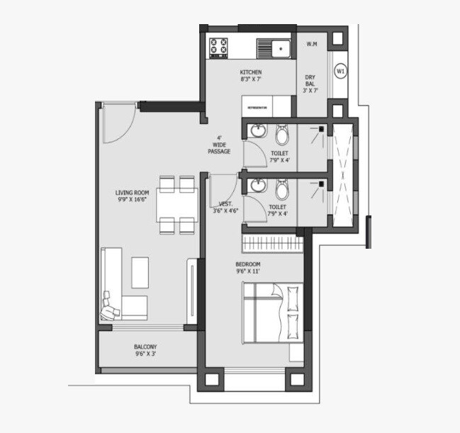 Floor plan of 1 BHK 404 Sq. Ft. Apartment in Global Paradise, Thane