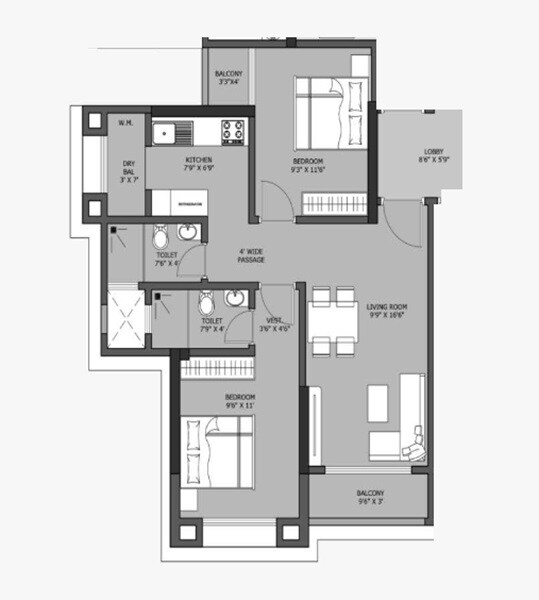 Floor plan of 2 BHK 522 Sq. Ft. Apartment in Global Paradise, Thane