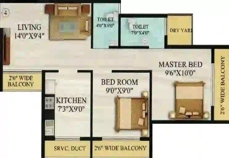 Floor plan of 2 BHK 569 Sq. Ft. Apartment in Global Piyush Majestic, Thane