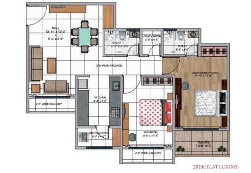 Floor plan of 2 BHK 595 Sq. Ft. Apartment in Globe Paradise, Thane