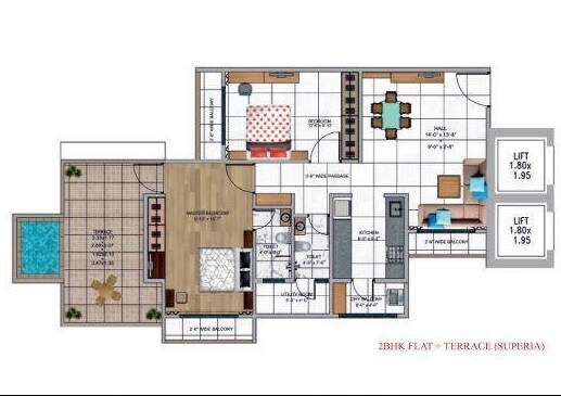 Floor plan of 2 BHK 758 Sq. Ft. Apartment in Globe Paradise, Thane