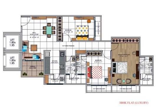 Floor plan of 3 BHK 822 Sq. Ft. Apartment in Globe Paradise, Thane