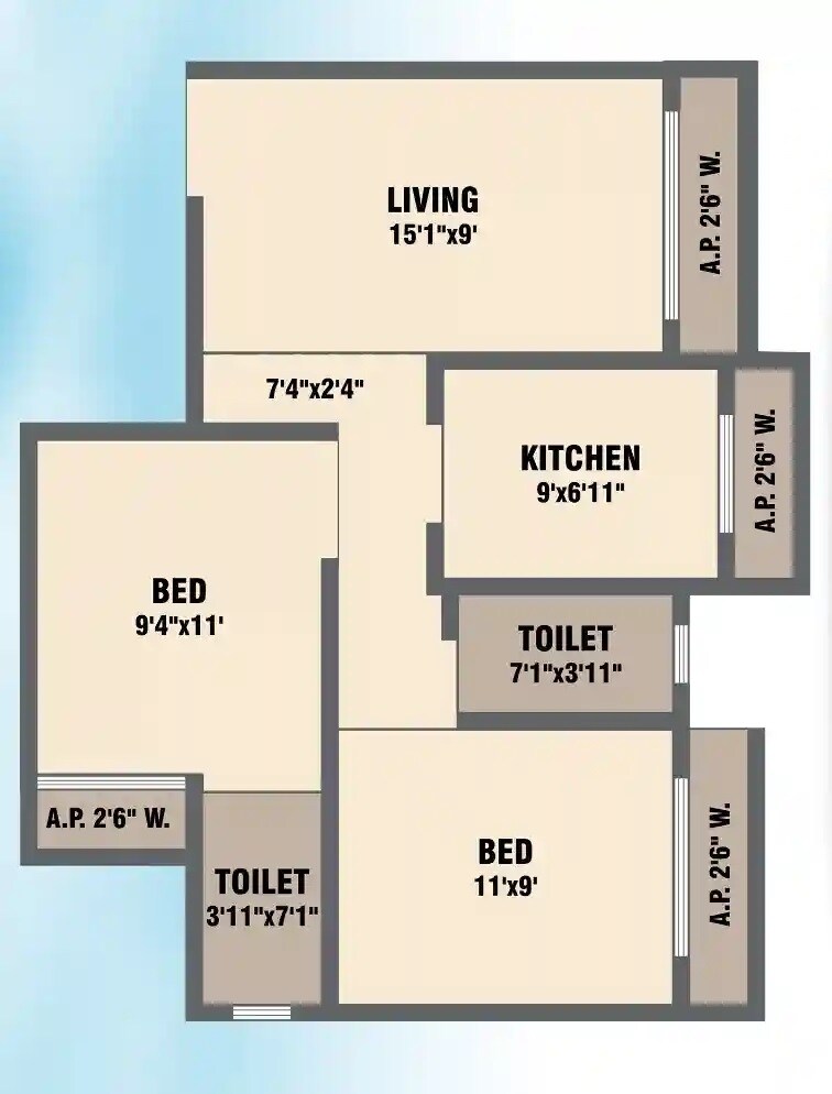 Floor plan of 2 BHK 567 Sq. Ft. Apartment in GLS Sai Shivansh, Thane