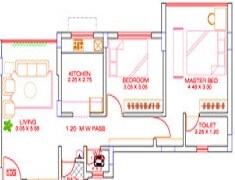 Floor plan of 2 BHK 1000 Sq. Ft. Apartment in Godrej Hill, Thane