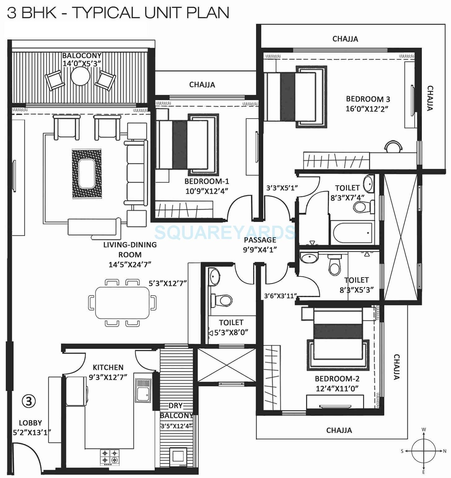 Floor plan of 3 BHK 1740 Sq. Ft. Apartment in Godrej Pine, Thane