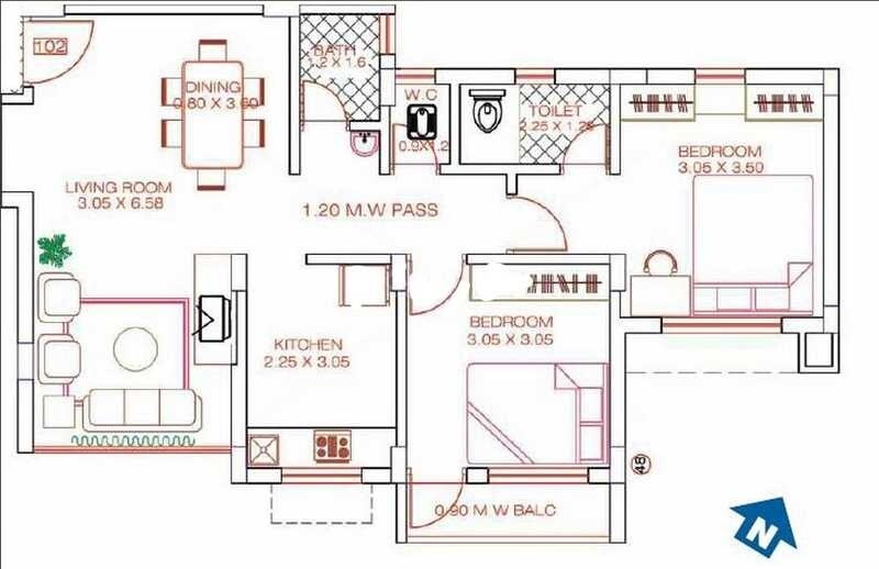 Floor plan of 2 BHK 975 Sq. Ft. Apartment in Godrej Splendor, Thane