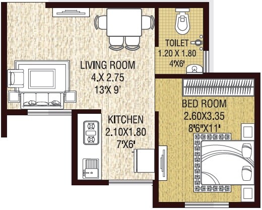 Floor plan of 1 BHK 262 Sq. Ft. Apartment in A Plus Golden Vann, Thane