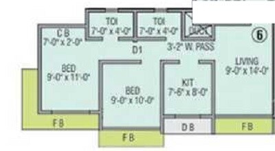 Floor plan of 3 BHK 617 Sq. Ft. Apartment in Goldstar Decent Homes, Thane