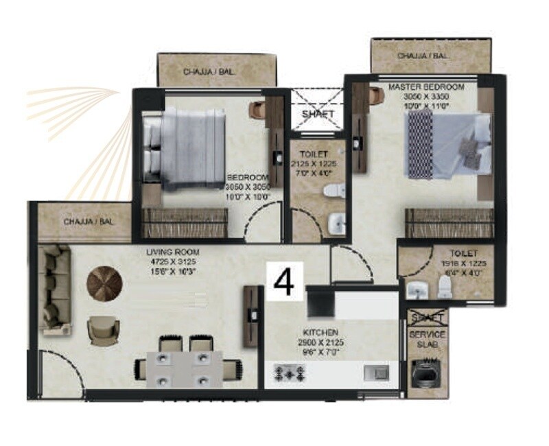 Floor plan of 2 BHK 614 Sq. Ft. Apartment in Gopal Gaondevi Crown, Thane