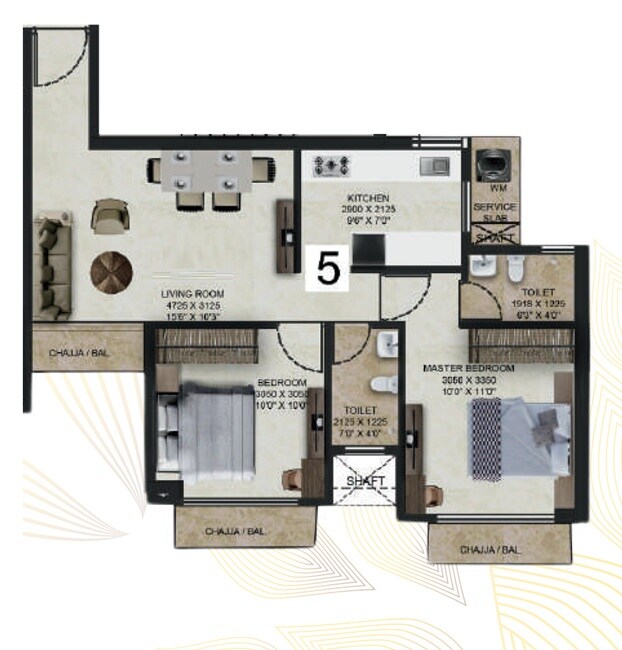 Floor plan of 2 BHK 636 Sq. Ft. Apartment in Gopal Gaondevi Crown, Thane