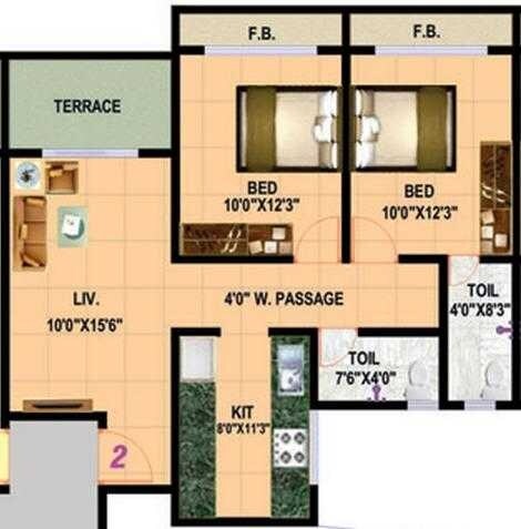 Floor plan of 2 BHK 596 Sq. Ft. Apartment in Gopal Krishna Paradise, Thane