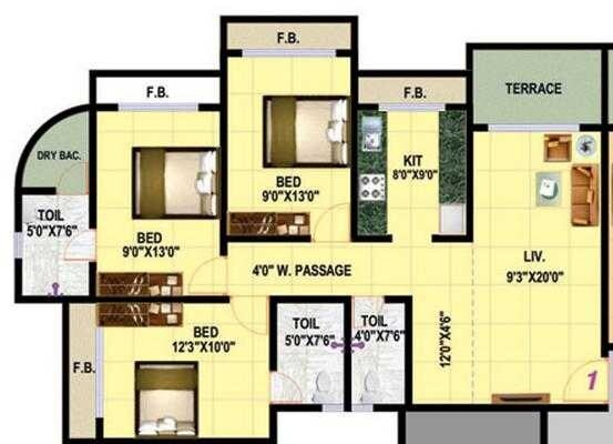 Floor plan of 3 BHK 792 Sq. Ft. Apartment in Gopal Krishna Paradise, Thane