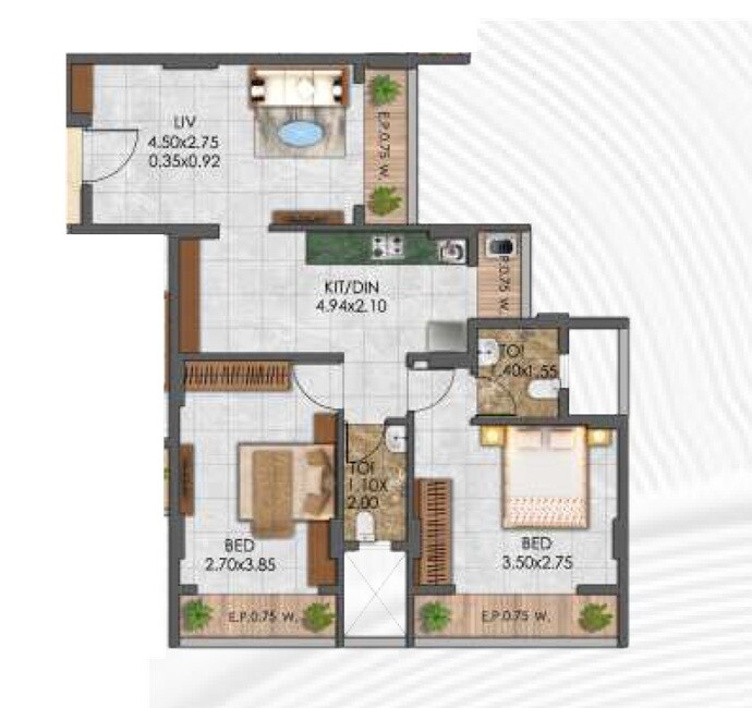 Floor plan of 2 BHK 638 Sq. Ft. Apartment in Gopal Krishna Titwala, Thane