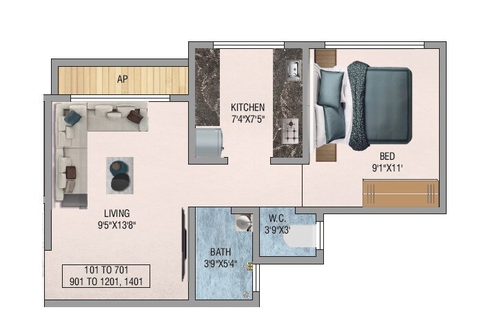 Floor plan of 1 BHK 360 Sq. Ft. Apartment in GP Imperial Heights, Thane