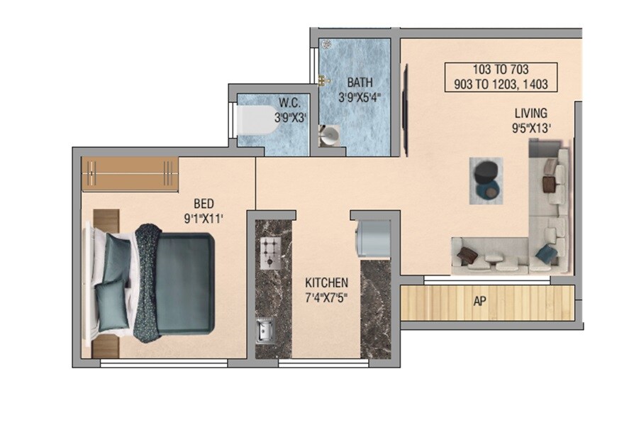 Floor plan of 1 BHK 493 Sq. Ft. Apartment in GP Imperial Heights, Thane