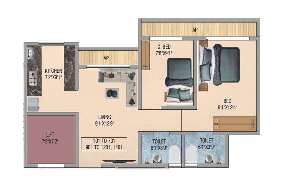 Floor plan of 2 BHK 663 Sq. Ft. Apartment in GP Imperial Heights, Thane