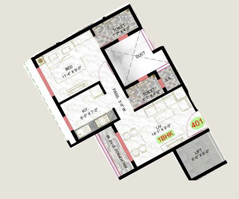Floor plan of 1 BHK 407 Sq. Ft. Apartment in GPS Neelkrishna, Thane