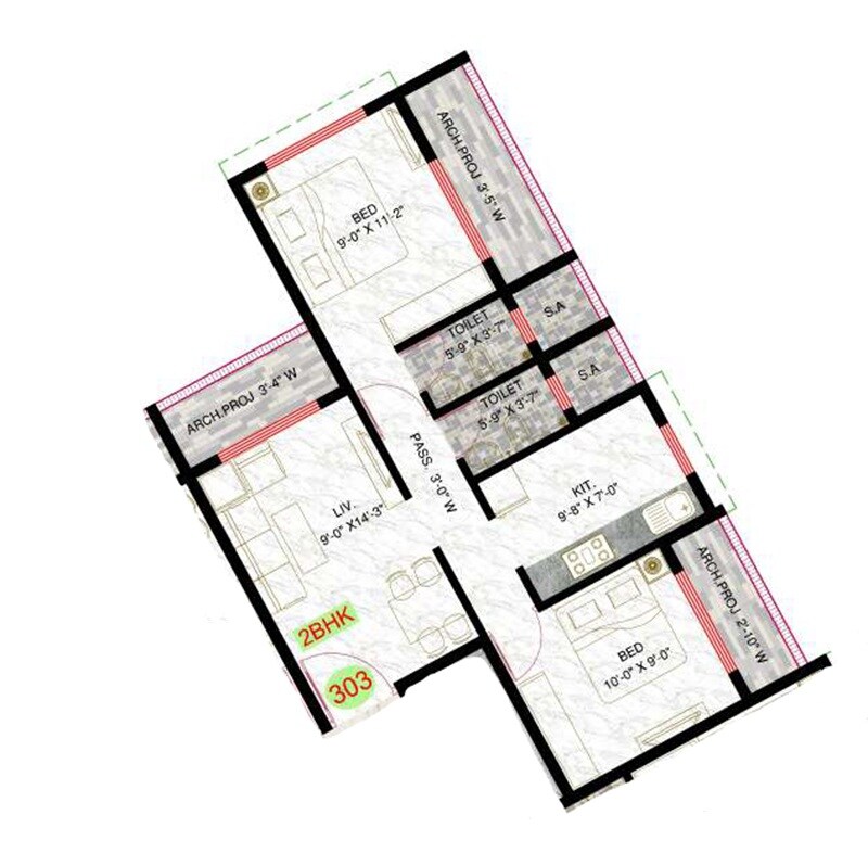 Floor plan of 2 BHK 505 Sq. Ft. Apartment in GPS Neelkrishna, Thane