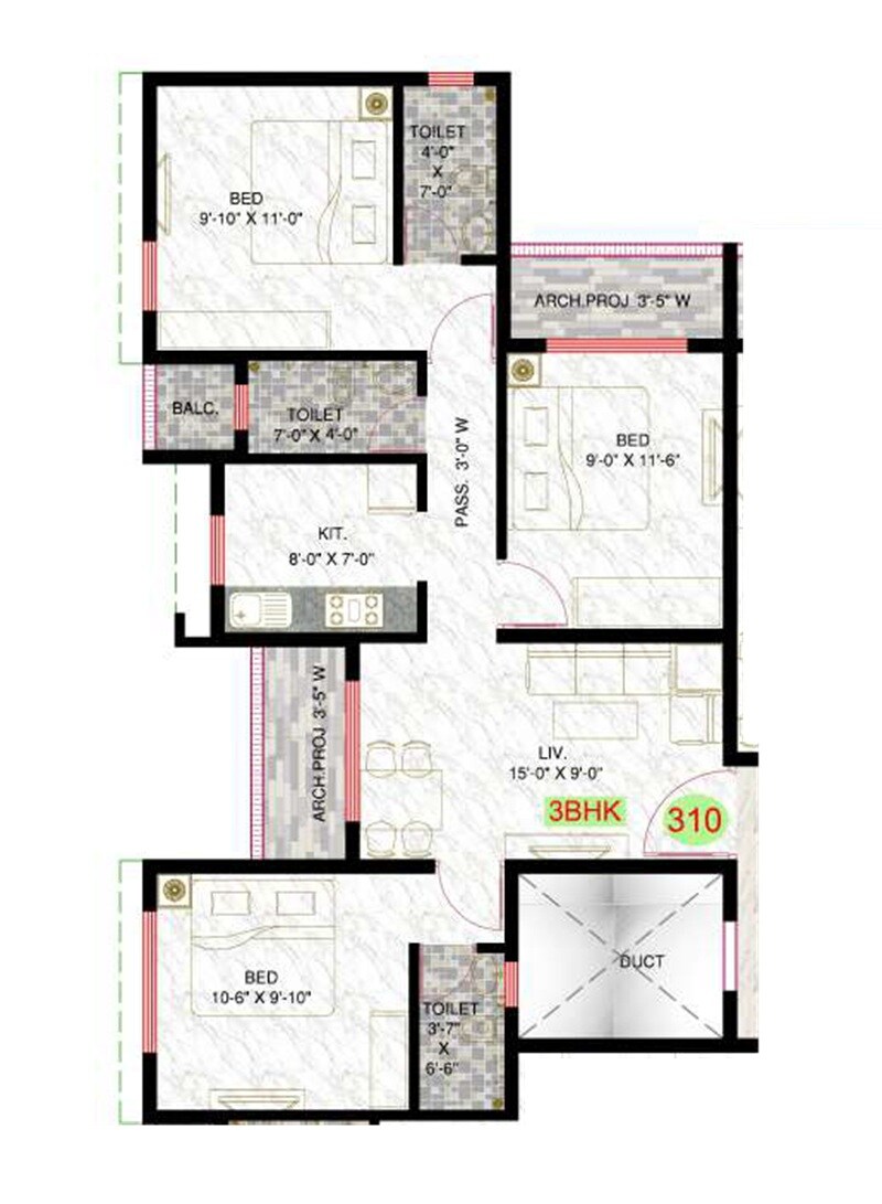 Floor plan of 3 BHK 519 Sq. Ft. Apartment in GPS Neelkrishna, Thane