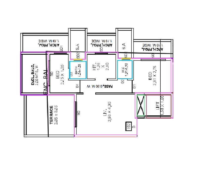 Floor plan of 2 BHK 714 Sq. Ft. Apartment in GPS Ram Smruti CHS, Thane