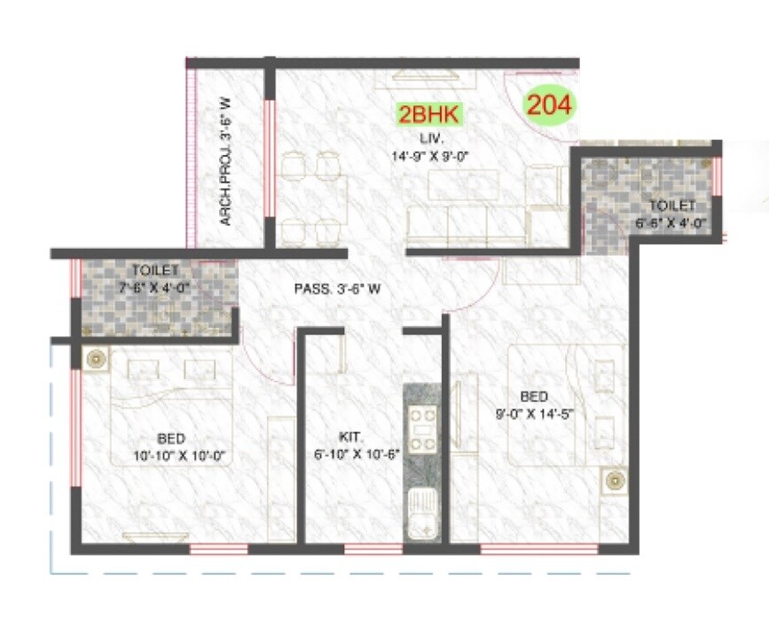 Floor plan of 2 BHK 332 Sq. Ft. Apartment in GPS Susiddhi CHS, Thane