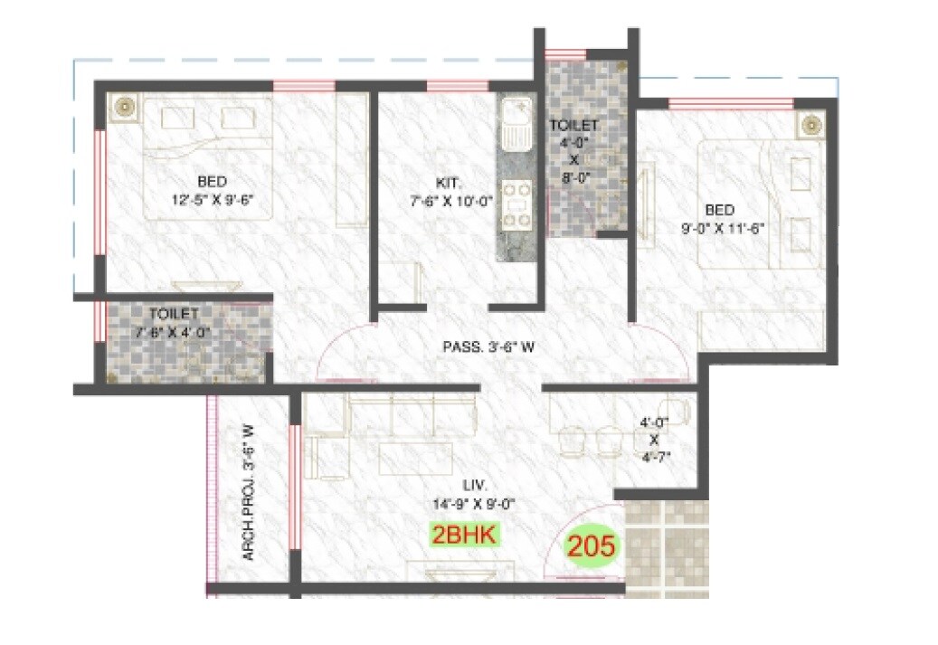 Floor plan of 2 BHK 349 Sq. Ft. Apartment in GPS Susiddhi CHS, Thane