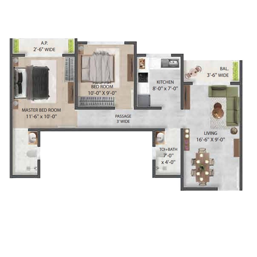 Floor plan of 2 BHK 529 Sq. Ft. Apartment in Greencrew Riddhi Siddhi NX, Thane