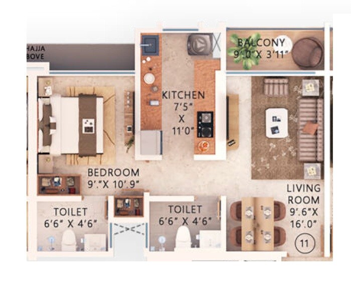 Floor plan of 1 BHK 518 Sq. Ft. Apartment in Gujarat Kasturi Van, Thane