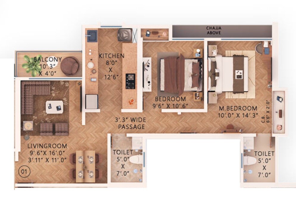 Floor plan of 2 BHK 680 Sq. Ft. Apartment in Gujarat Kasturi Van, Thane